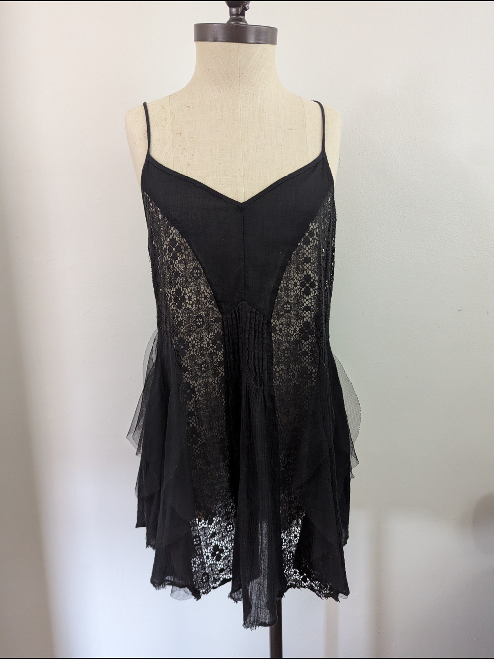 Sheer Black Lace And Mesh Gauze Camisole Slip Mini Dress